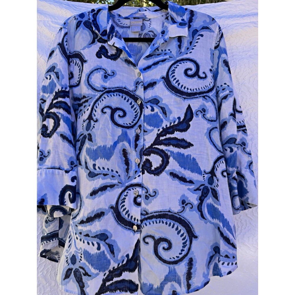 Chico's No-Iron Linen Button-Up Shirt Womens 3 Blue/White Paisley Collared LS